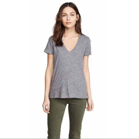 Madewell T-Shirt Whisper Cotton V-Neck Pocket Tee Pullover Top Heathered Gray XS - Picture 1 of 11